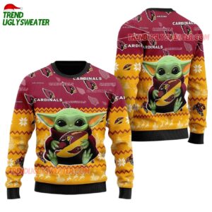 Arizona Cardinals Baby Yoda Hug The Ball Christmas Ugly Sweater 1