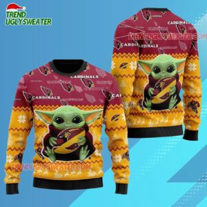 Arizona Cardinals Baby Yoda Hug The Ball Christmas Ugly Sweater 3