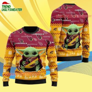 Arizona Cardinals Baby Yoda Hug The Ball Christmas Ugly Sweater 4