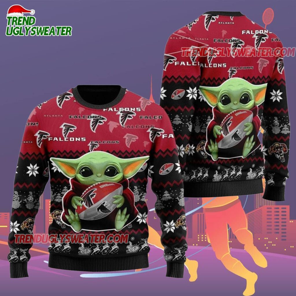 Atlanta Falcons Baby Yoda Hug The Ball Christmas Ugly Sweater 2