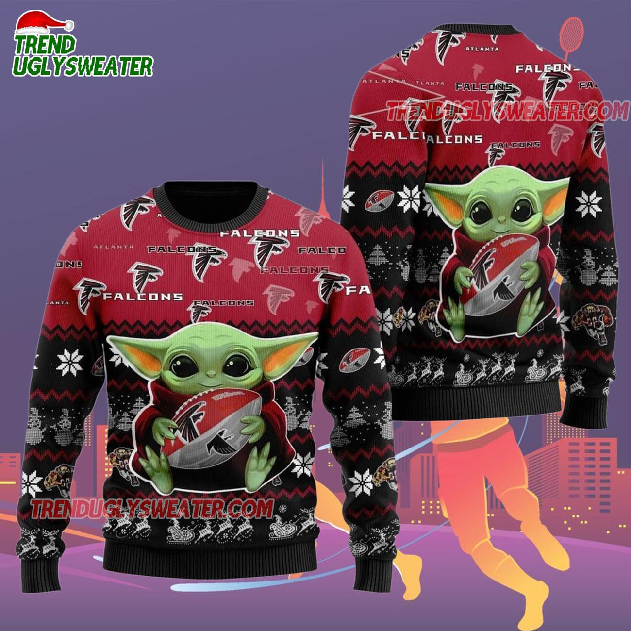 Atlanta Falcons Baby Yoda Hug The Ball Christmas Ugly Sweater Atlanta Falcons Baby Yoda Hug The Ball Christmas Ugly Sweater