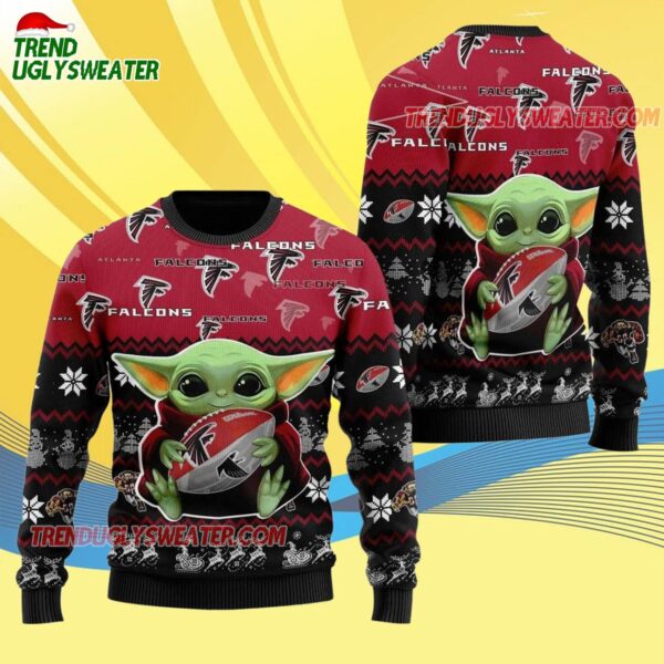 Atlanta Falcons Baby Yoda Hug The Ball Christmas Ugly Sweater 4