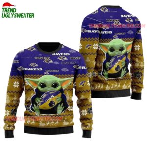 Baltimore Ravens Baby Yoda Hug The Ball Christmas Ugly Sweater 1