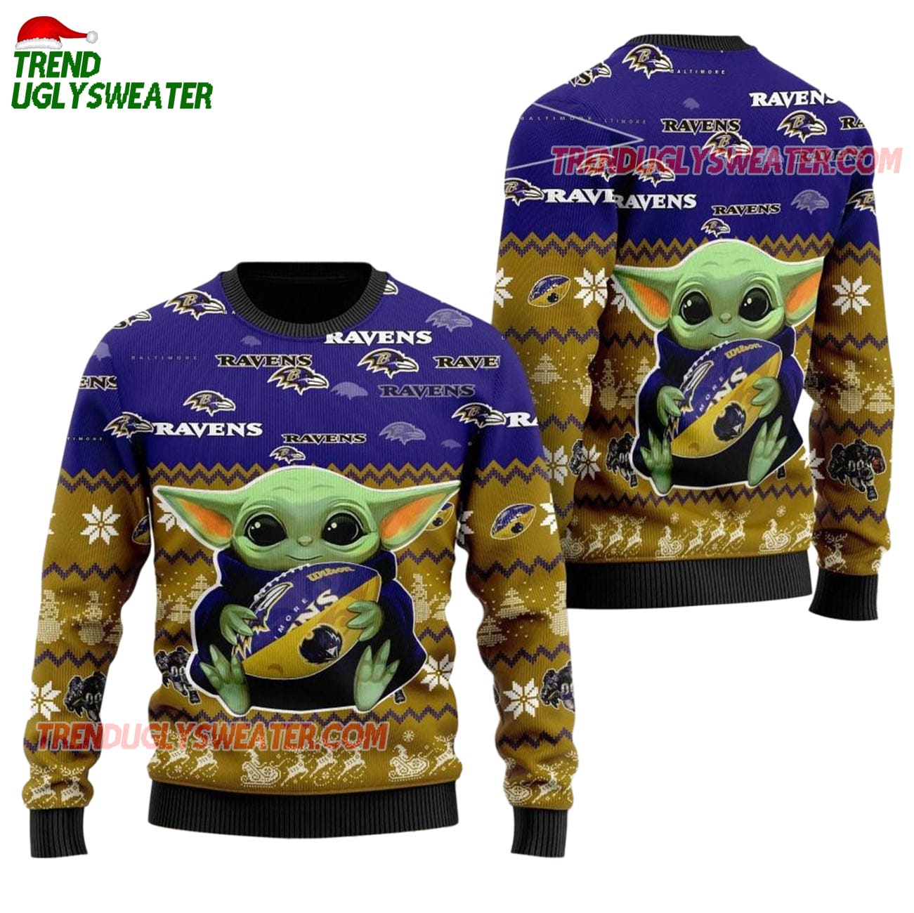 Baltimore Ravens Baby Yoda Hug The Ball Christmas Ugly Sweater Baltimore Ravens Baby Yoda Hug The Ball Christmas Ugly Sweater