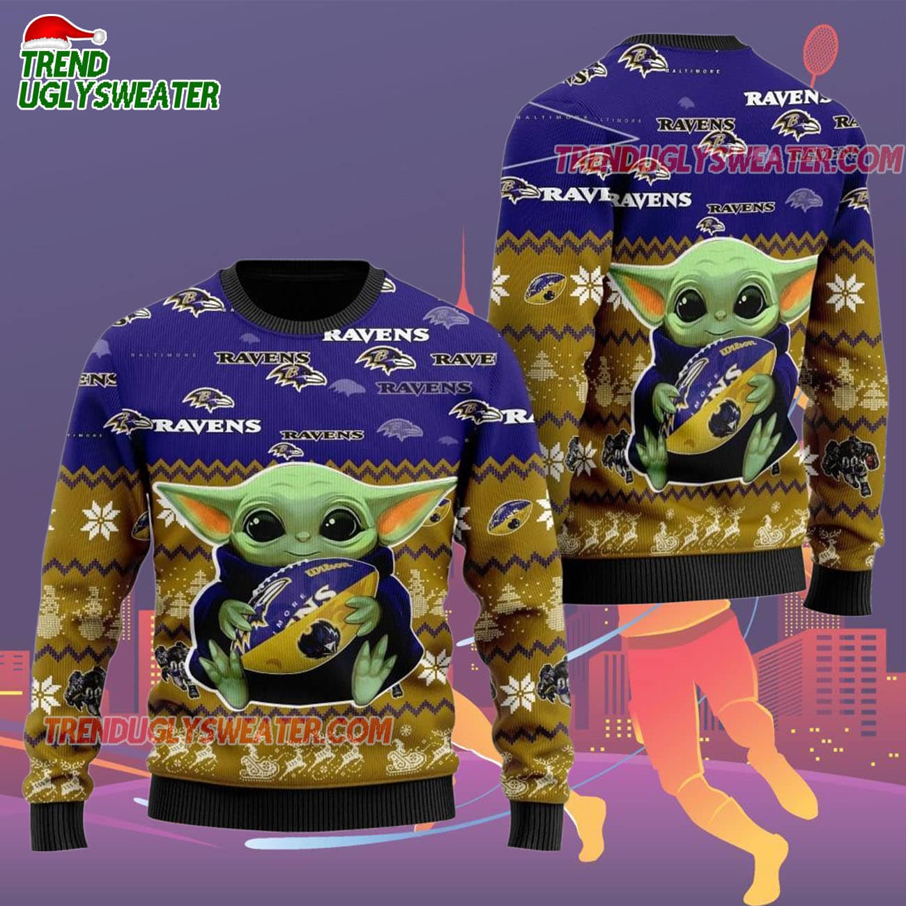 Baltimore Ravens Baby Yoda Hug The Ball Christmas Ugly Sweater Baltimore Ravens Baby Yoda Hug The Ball Christmas Ugly Sweater