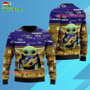 Baltimore Ravens Baby Yoda Hug The Ball Christmas Ugly Sweater 3