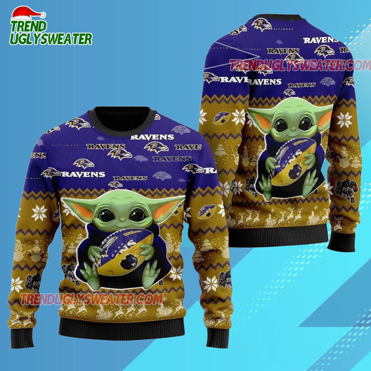 Baltimore Ravens Baby Yoda Hug The Ball Christmas Ugly Sweater Baltimore Ravens Baby Yoda Hug The Ball Christmas Ugly Sweater