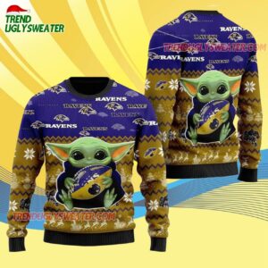 Baltimore Ravens Baby Yoda Hug The Ball Christmas Ugly Sweater 4