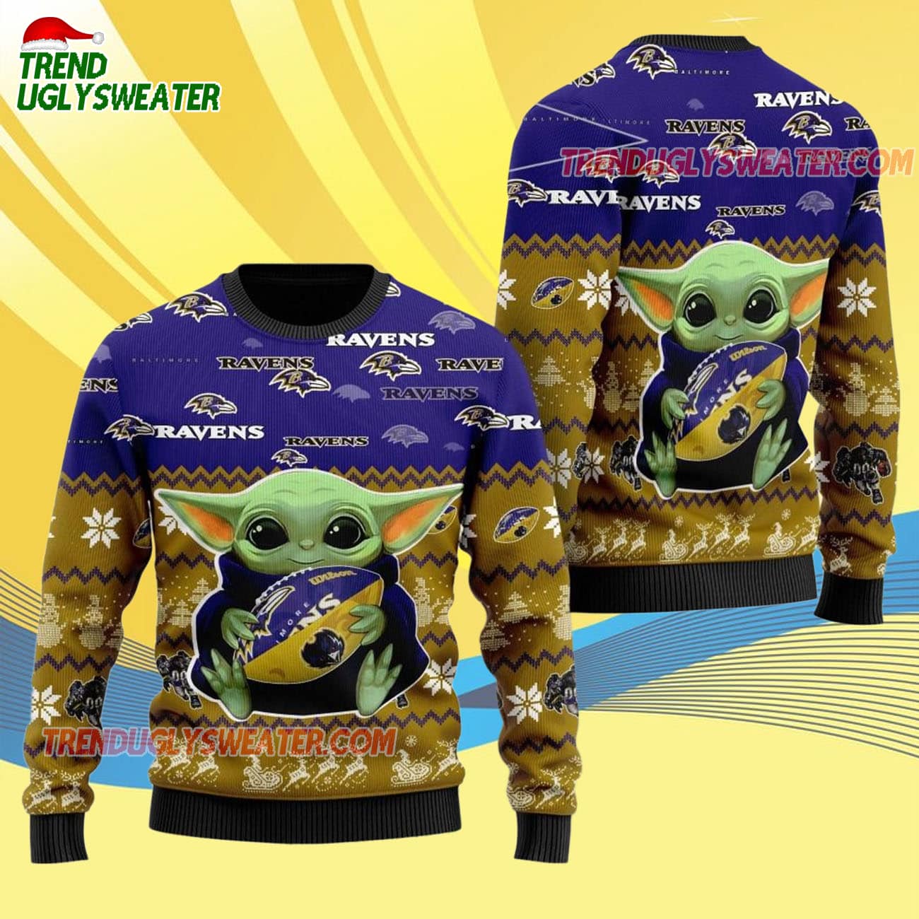 Baltimore Ravens Baby Yoda Hug The Ball Christmas Ugly Sweater Baltimore Ravens Baby Yoda Hug The Ball Christmas Ugly Sweater