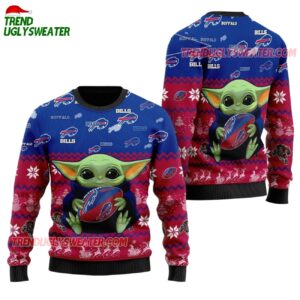 Buffalo Bills Baby Yoda Hug The Ball Christmas Ugly Sweater 1