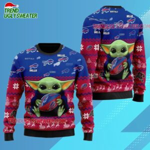 Buffalo Bills Baby Yoda Hug The Ball Christmas Ugly Sweater 3