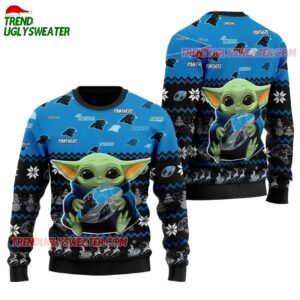 Carolina Panthers Baby Yoda Hug The Ball Christmas Ugly Sweater 1