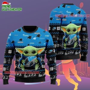 Carolina Panthers Baby Yoda Hug The Ball Christmas Ugly Sweater 2