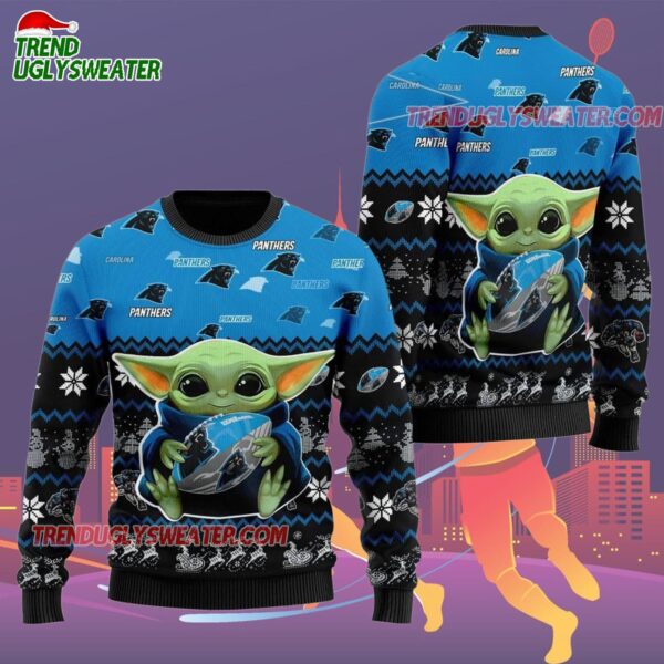 Carolina Panthers Baby Yoda Hug The Ball Christmas Ugly Sweater 2