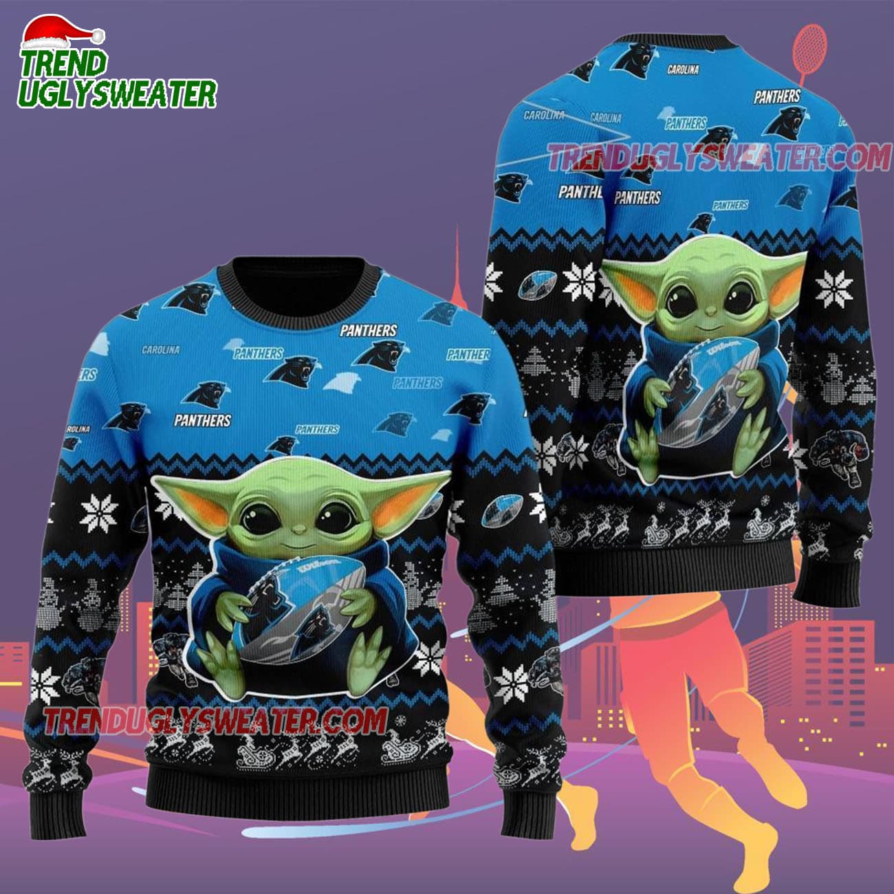 Carolina Panthers Baby Yoda Hug The Ball Christmas Ugly Sweater Carolina Panthers Baby Yoda Hug The Ball Christmas Ugly Sweater