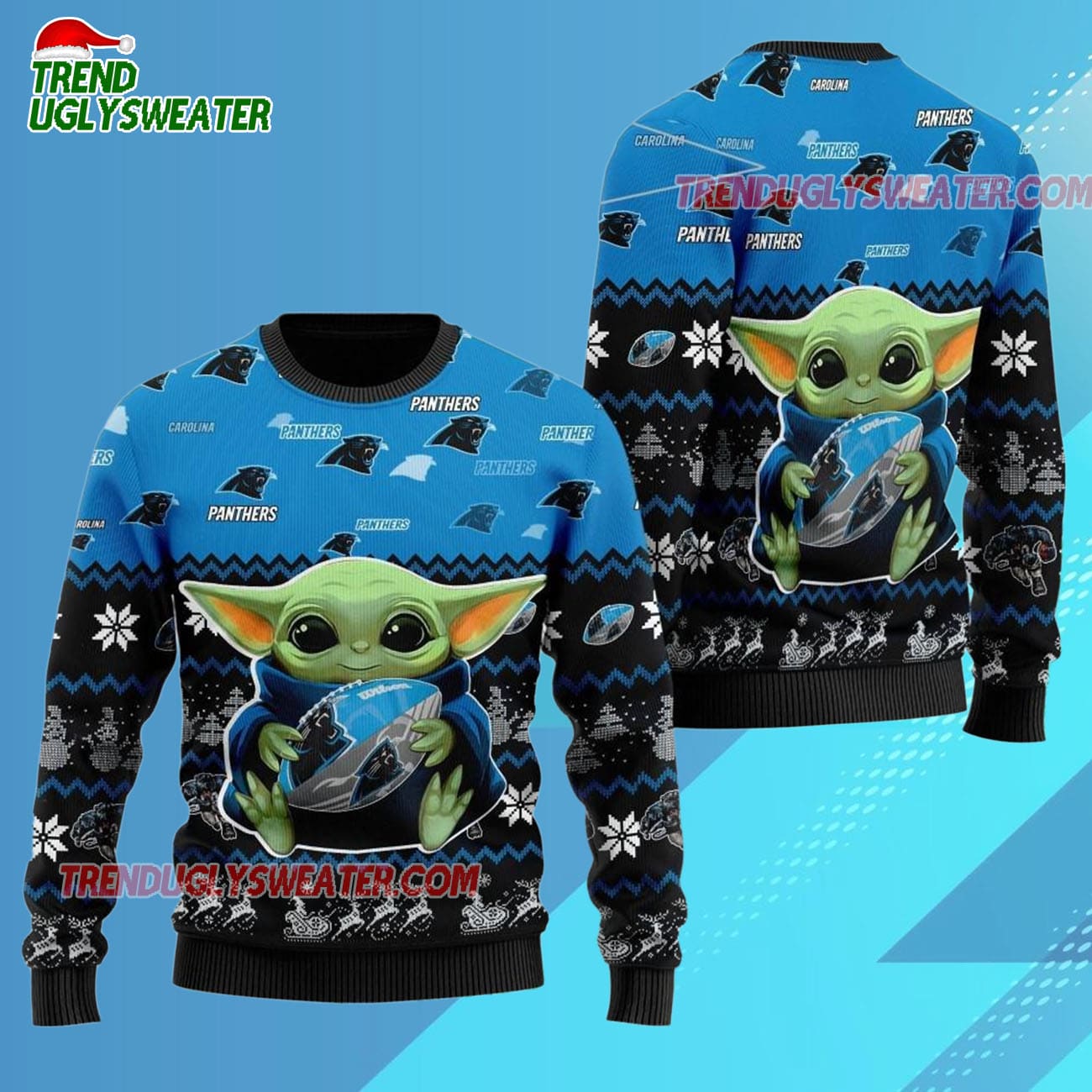 Carolina Panthers Baby Yoda Hug The Ball Christmas Ugly Sweater Carolina Panthers Baby Yoda Hug The Ball Christmas Ugly Sweater