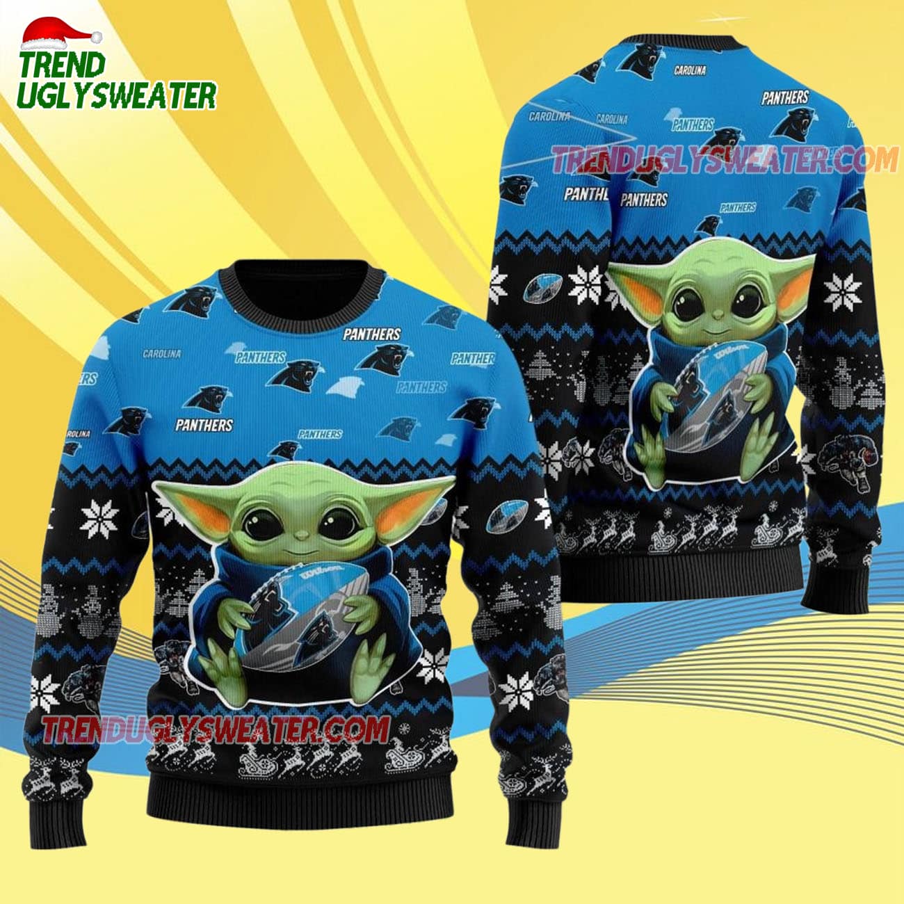 Carolina Panthers Baby Yoda Hug The Ball Christmas Ugly Sweater Carolina Panthers Baby Yoda Hug The Ball Christmas Ugly Sweater