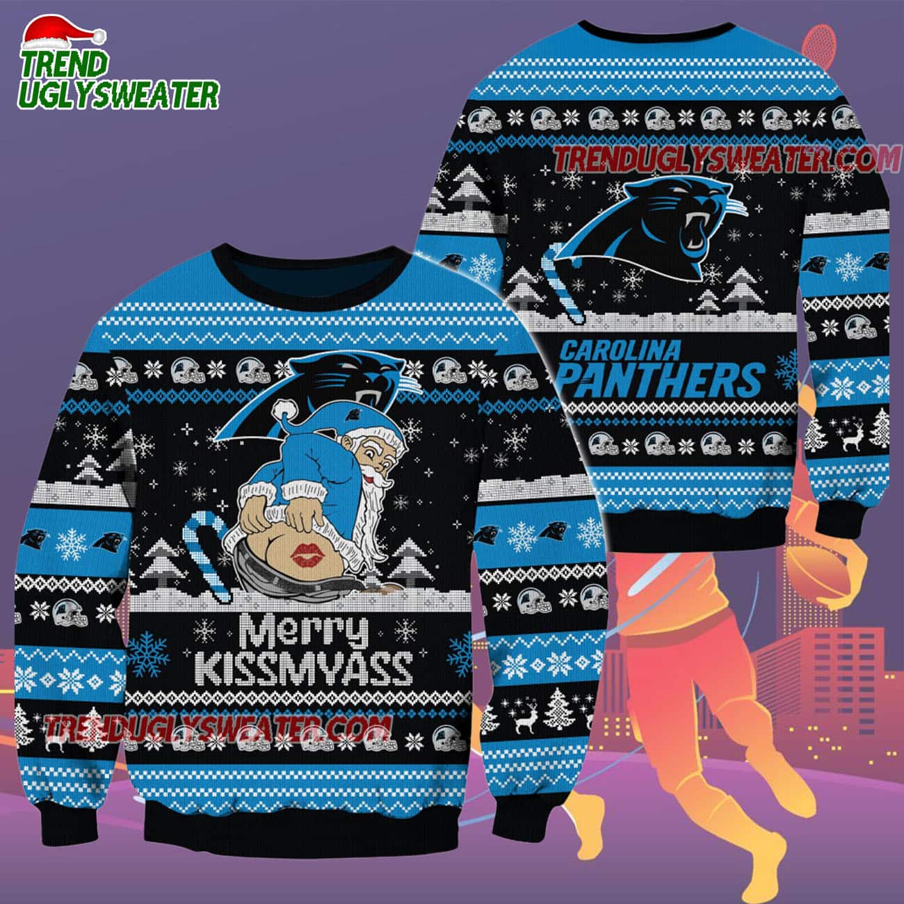 Carolina Panthers Merrykissmyass Funny Santa Claus Christmas Ugly Sweater Carolina Panthers Merrykissmyass Funny Santa Claus Christmas Ugly Sweater