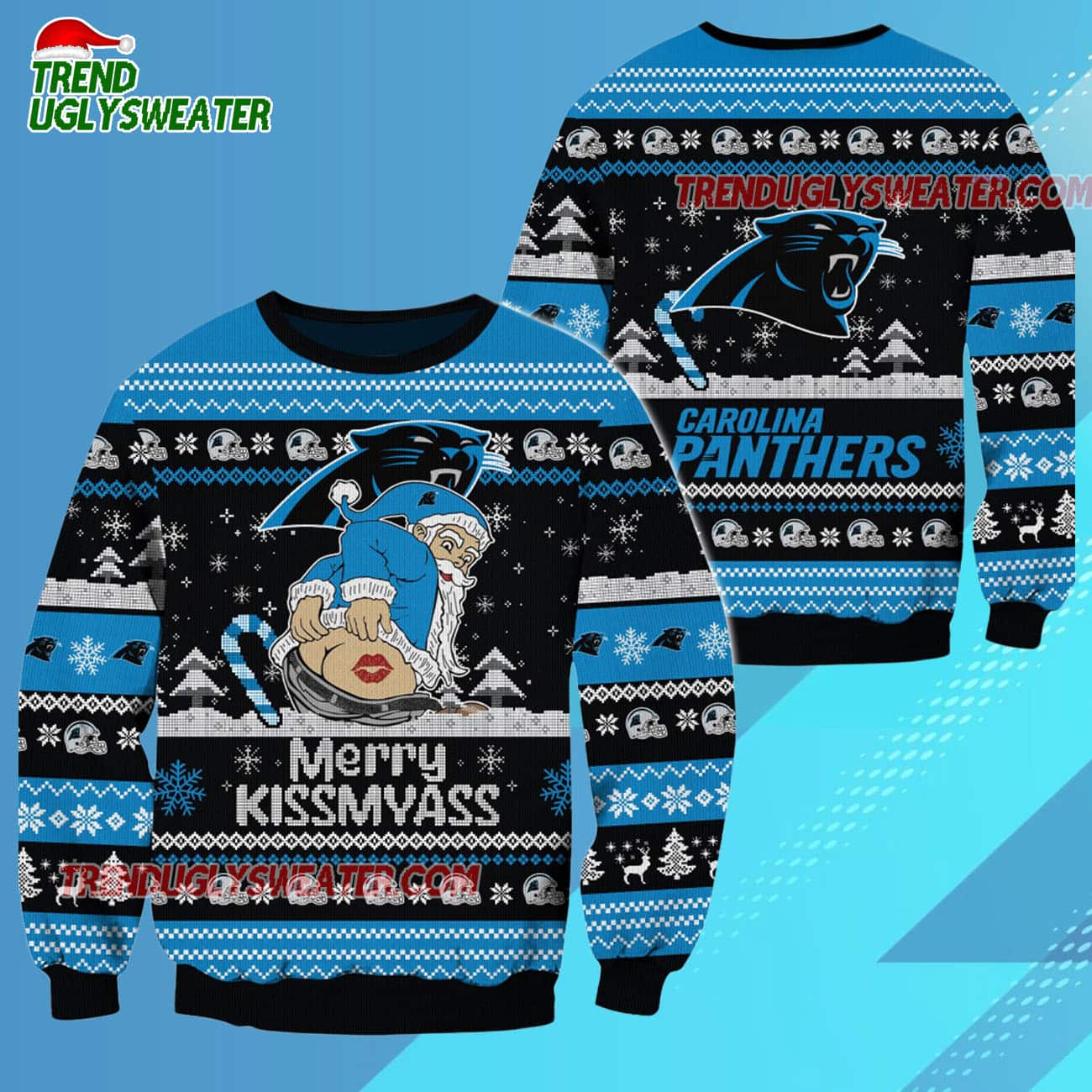 Carolina Panthers Merrykissmyass Funny Santa Claus Christmas Ugly Sweater Carolina Panthers Merrykissmyass Funny Santa Claus Christmas Ugly Sweater