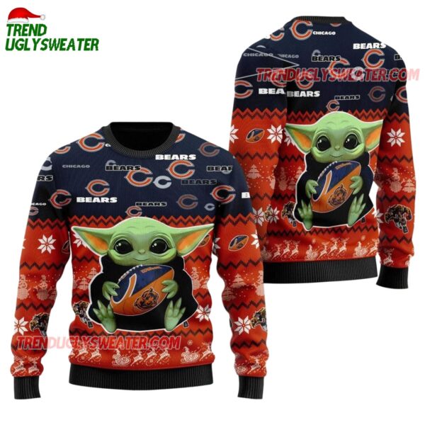 Chicago Bears Baby Yoda Hug The Ball Christmas Ugly Sweater 1