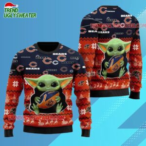 Chicago Bears Baby Yoda Hug The Ball Christmas Ugly Sweater 3
