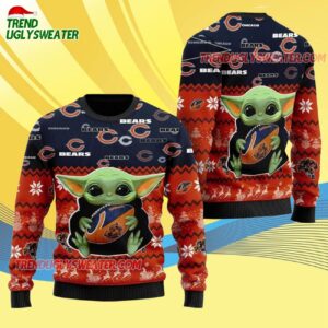 Chicago Bears Baby Yoda Hug The Ball Christmas Ugly Sweater 4