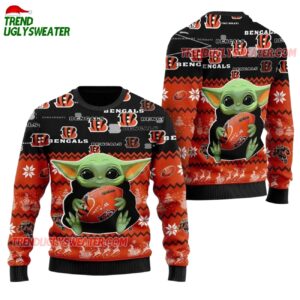 Cincinnati Bengals Baby Yoda Hug The Ball Christmas Ugly Sweater 1