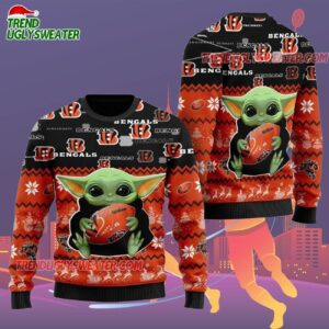 Cincinnati Bengals Baby Yoda Hug The Ball Christmas Ugly Sweater 2