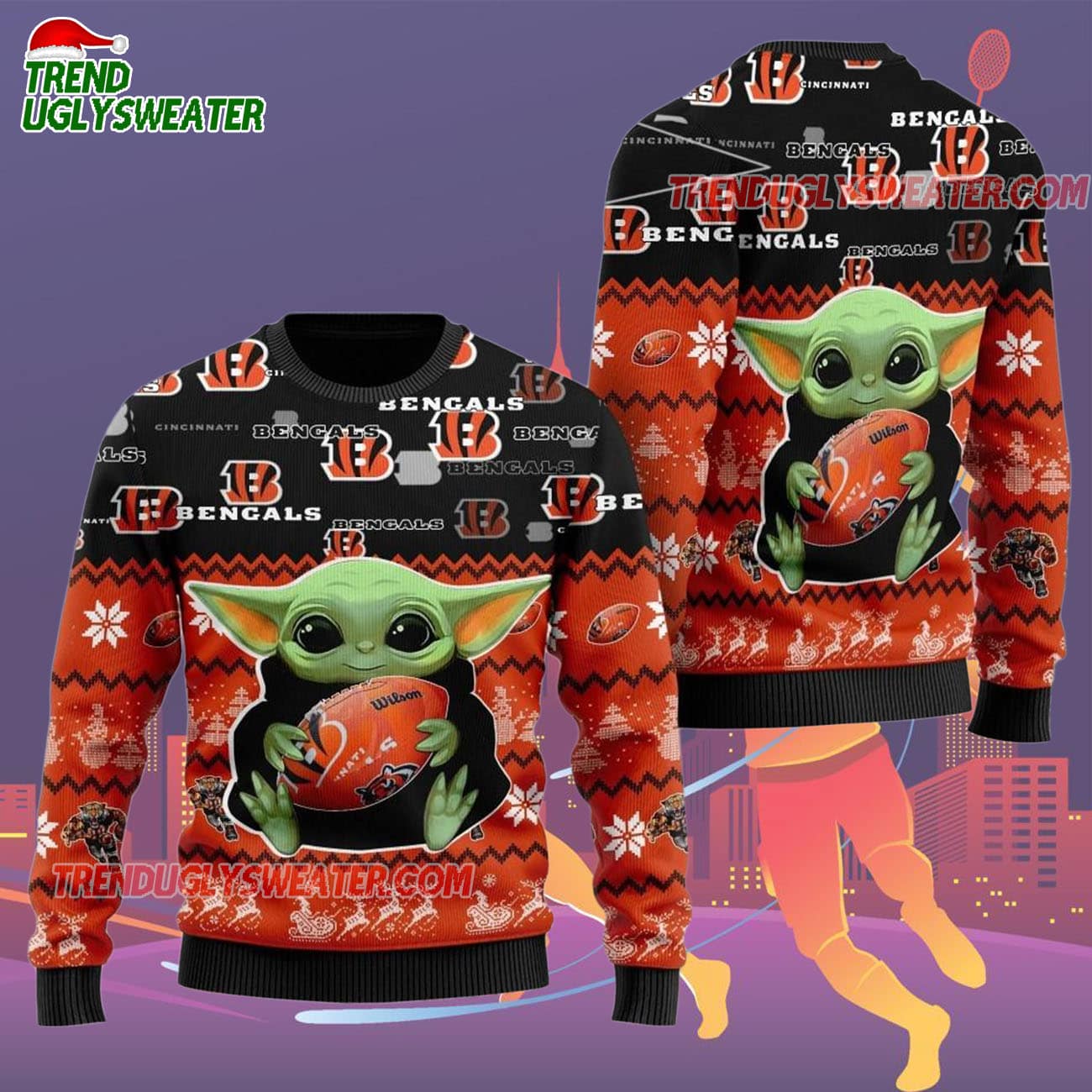 Cincinnati Bengals Baby Yoda Hug The Ball Christmas Ugly Sweater Cincinnati Bengals Baby Yoda Hug The Ball Christmas Ugly Sweater