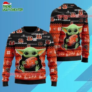 Cincinnati Bengals Baby Yoda Hug The Ball Christmas Ugly Sweater 3