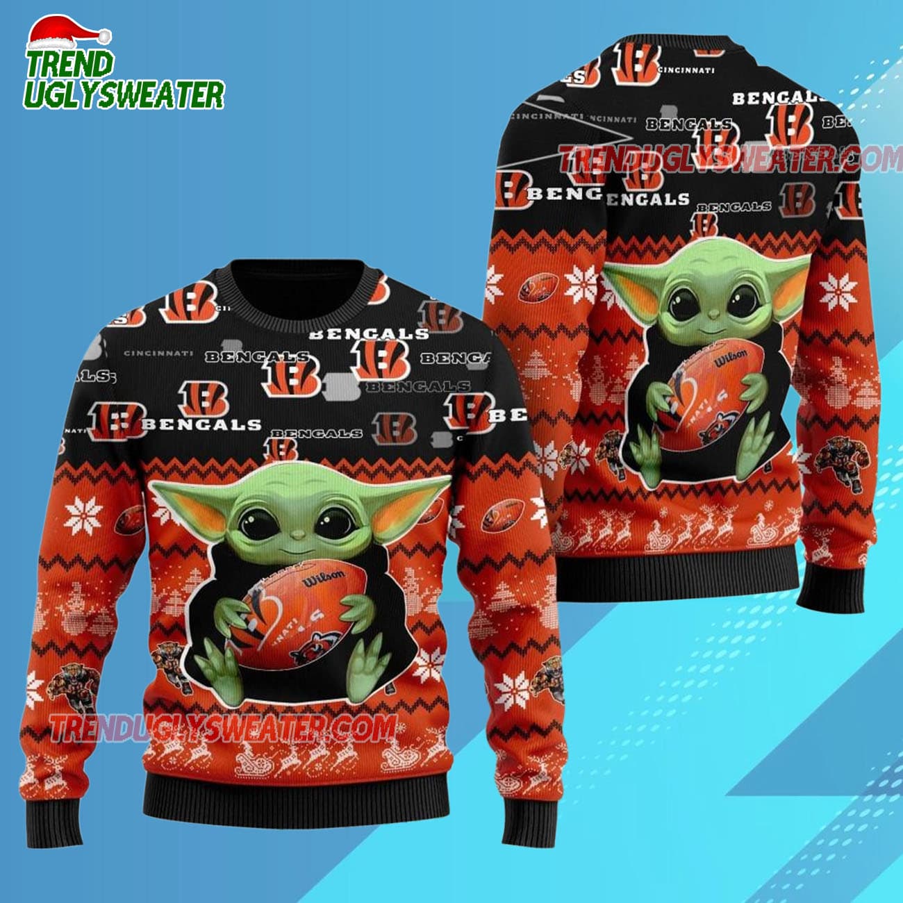 Cincinnati Bengals Baby Yoda Hug The Ball Christmas Ugly Sweater Cincinnati Bengals Baby Yoda Hug The Ball Christmas Ugly Sweater