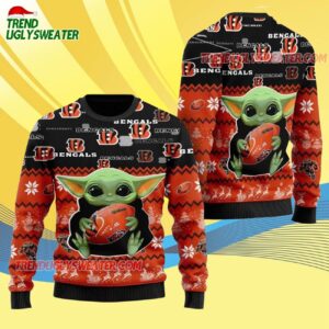 Cincinnati Bengals Baby Yoda Hug The Ball Christmas Ugly Sweater 4