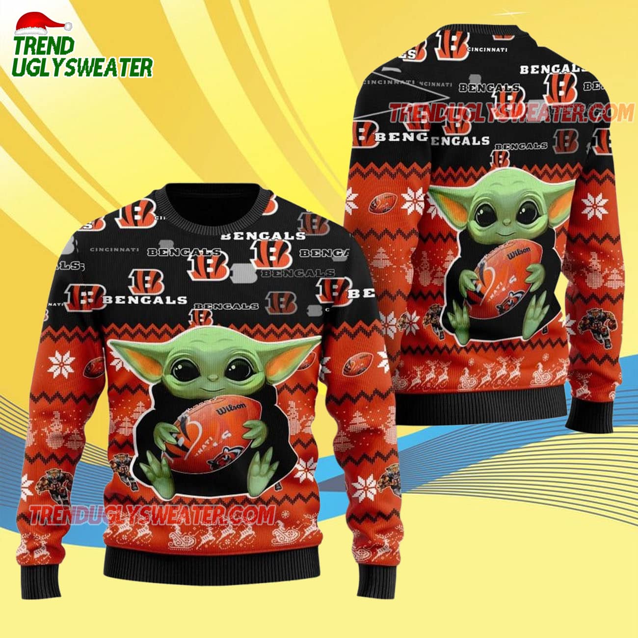 Cincinnati Bengals Baby Yoda Hug The Ball Christmas Ugly Sweater Cincinnati Bengals Baby Yoda Hug The Ball Christmas Ugly Sweater