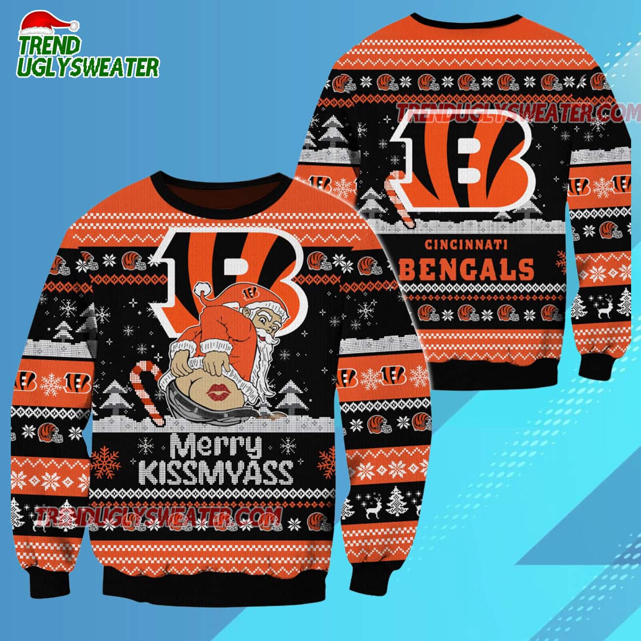 Cincinnati Bengals Merrykissmyass Funny Santa Claus Christmas Ugly Sweater Cincinnati Bengals Merrykissmyass Funny Santa Claus Christmas Ugly Sweater