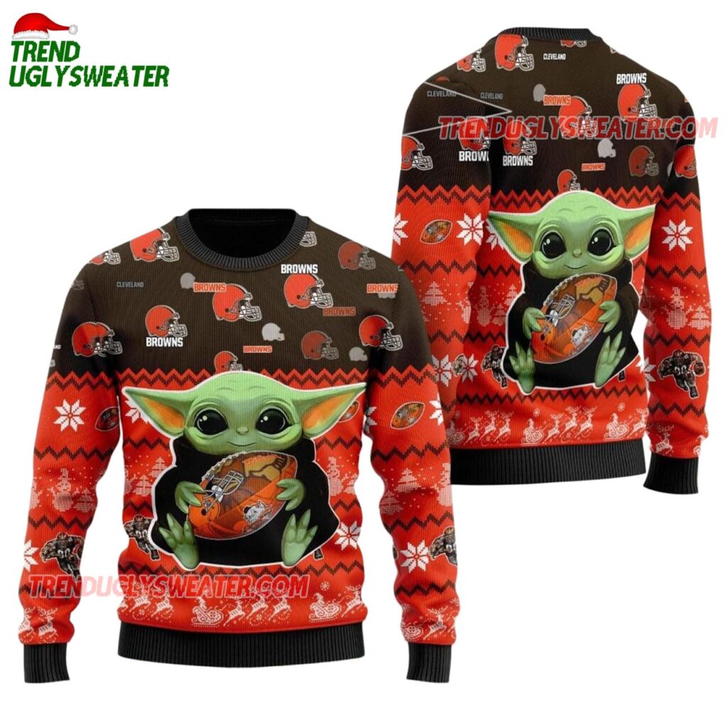 Cleveland Browns Baby Yoda Hug The Ball Christmas Ugly Sweater 1
