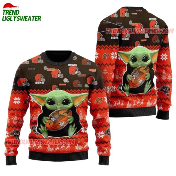 Cleveland Browns Baby Yoda Hug The Ball Christmas Ugly Sweater 1