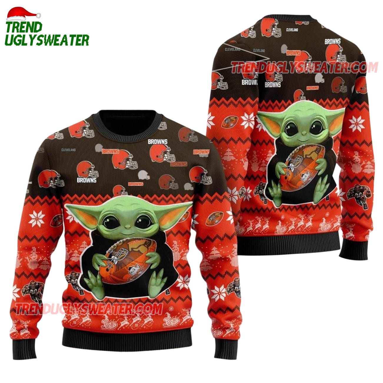Cleveland Browns Baby Yoda Hug The Ball Christmas Ugly Sweater Cleveland Browns Baby Yoda Hug The Ball Christmas Ugly Sweater