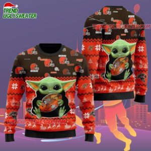 Cleveland Browns Baby Yoda Hug The Ball Christmas Ugly Sweater 2