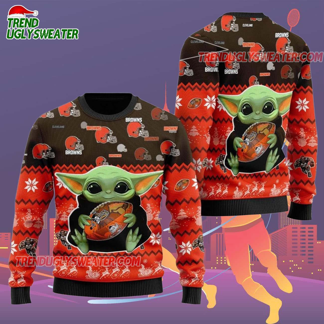 Cleveland Browns Baby Yoda Hug The Ball Christmas Ugly Sweater Cleveland Browns Baby Yoda Hug The Ball Christmas Ugly Sweater