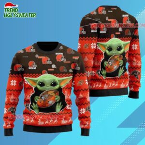 Cleveland Browns Baby Yoda Hug The Ball Christmas Ugly Sweater 3