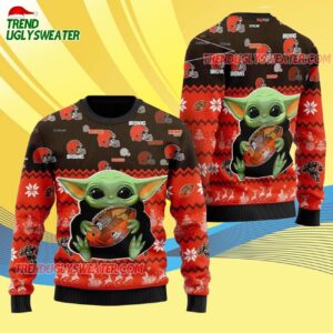 Cleveland Browns Baby Yoda Hug The Ball Christmas Ugly Sweater 4