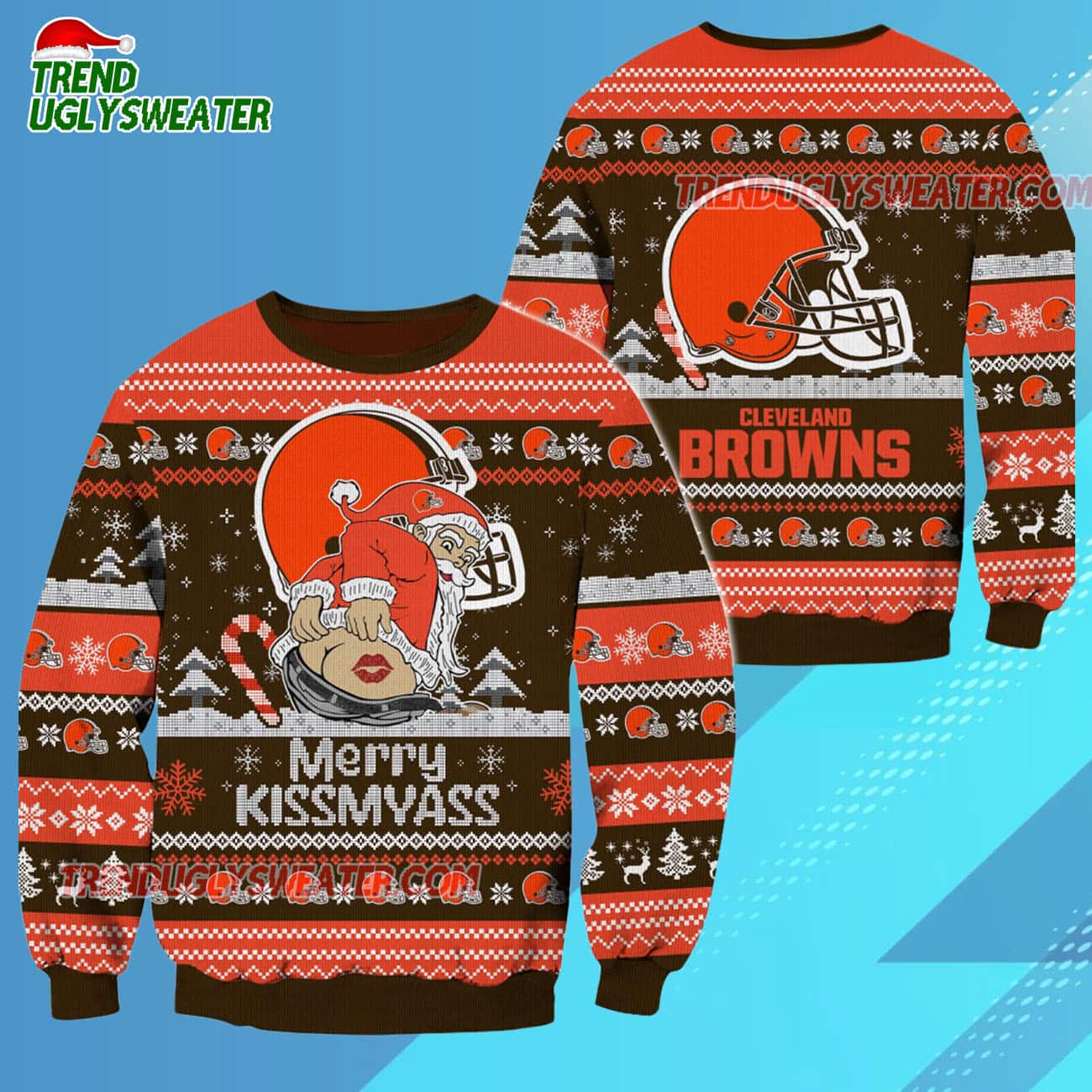 Cleveland Browns Merrykissmyass Funny Santa Claus Christmas Ugly Sweater Cleveland Browns Merrykissmyass Funny Santa Claus Christmas Ugly Sweater
