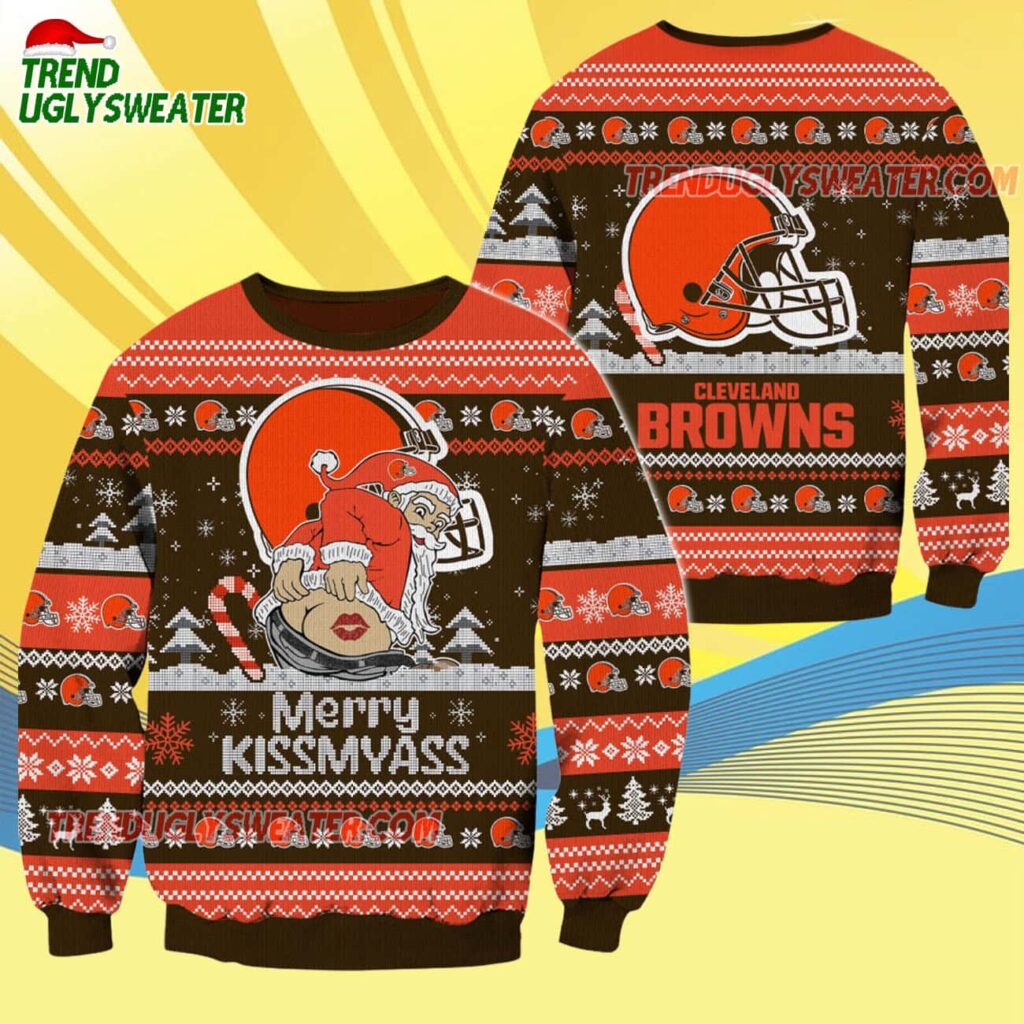 Cleveland Browns Merrykissmyass Funny Santa Claus Christmas Ugly Sweater 4
