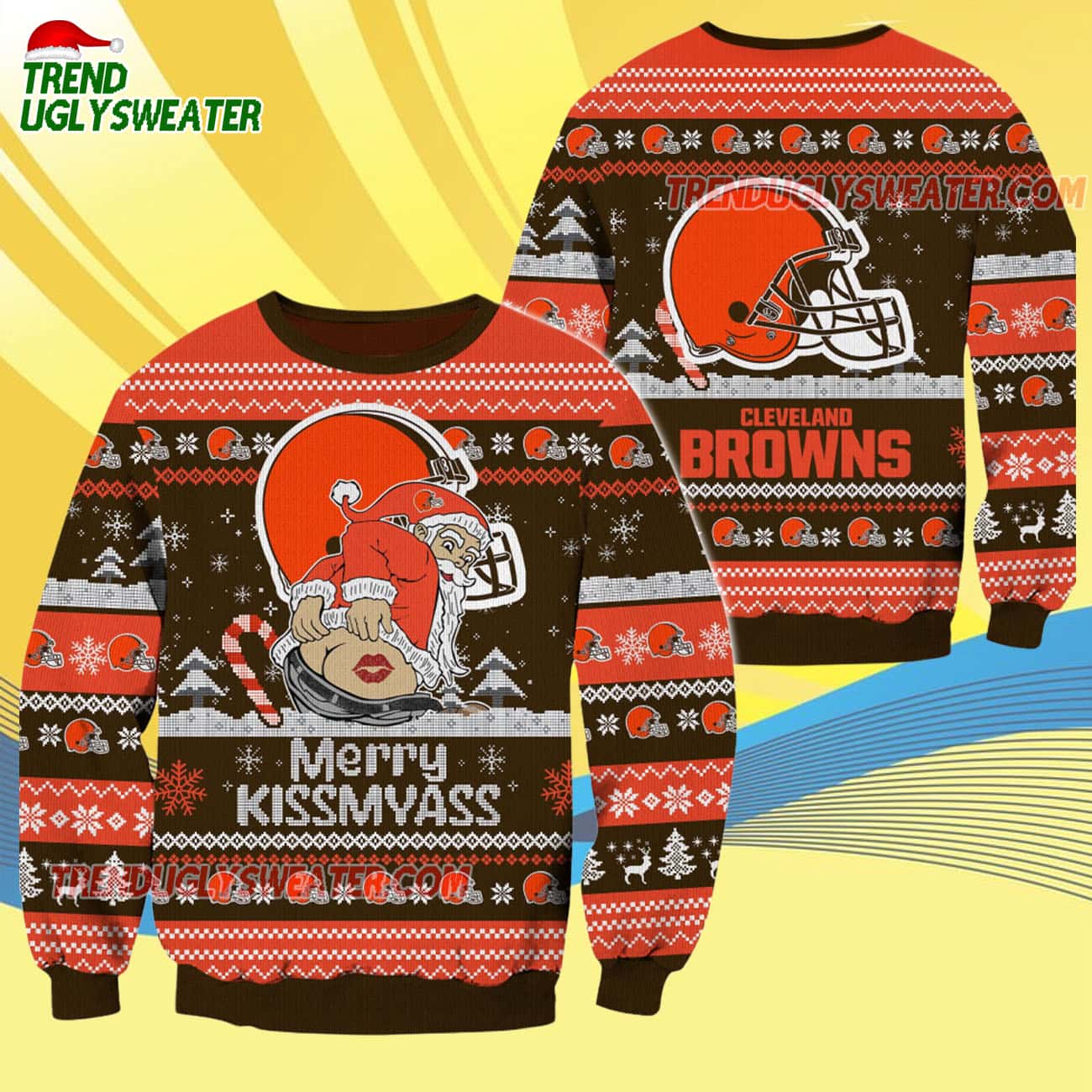 Cleveland Browns Merrykissmyass Funny Santa Claus Christmas Ugly Sweater Cleveland Browns Merrykissmyass Funny Santa Claus Christmas Ugly Sweater
