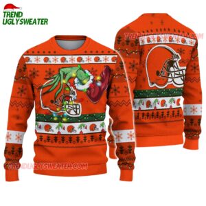 Cleveland Browns Special Grinchs Hand Football Christmas Ugly Sweater 1