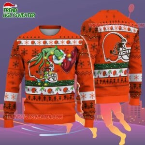 Cleveland Browns Special Grinchs Hand Football Christmas Ugly Sweater 2
