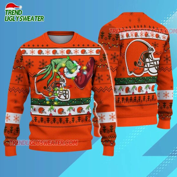 Cleveland Browns Special Grinchs Hand Football Christmas Ugly Sweater 3