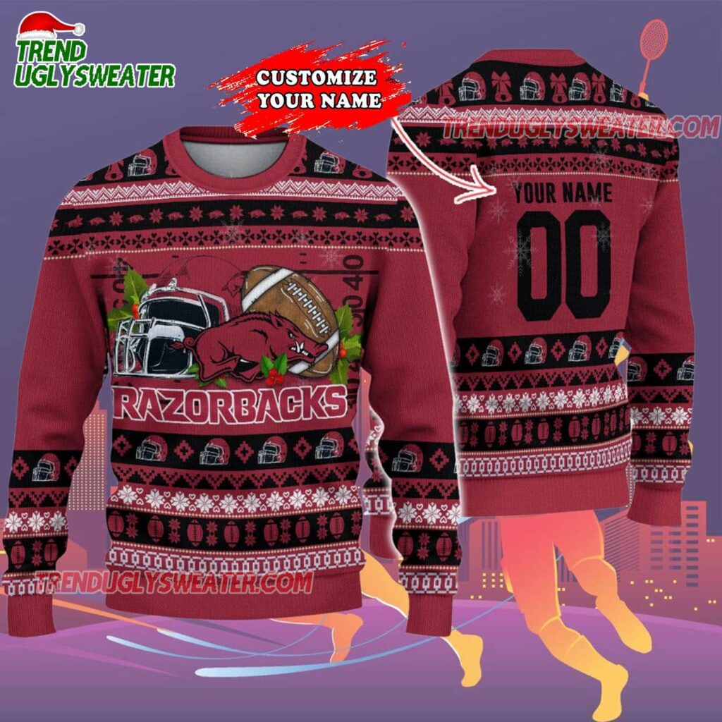 Custom Arkansas Razorbacks Logo Team Football Christmas Ugly Sweater 2