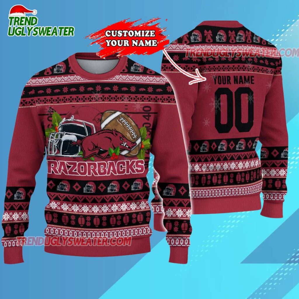 Custom Arkansas Razorbacks Logo Team Football Christmas Ugly Sweater 3