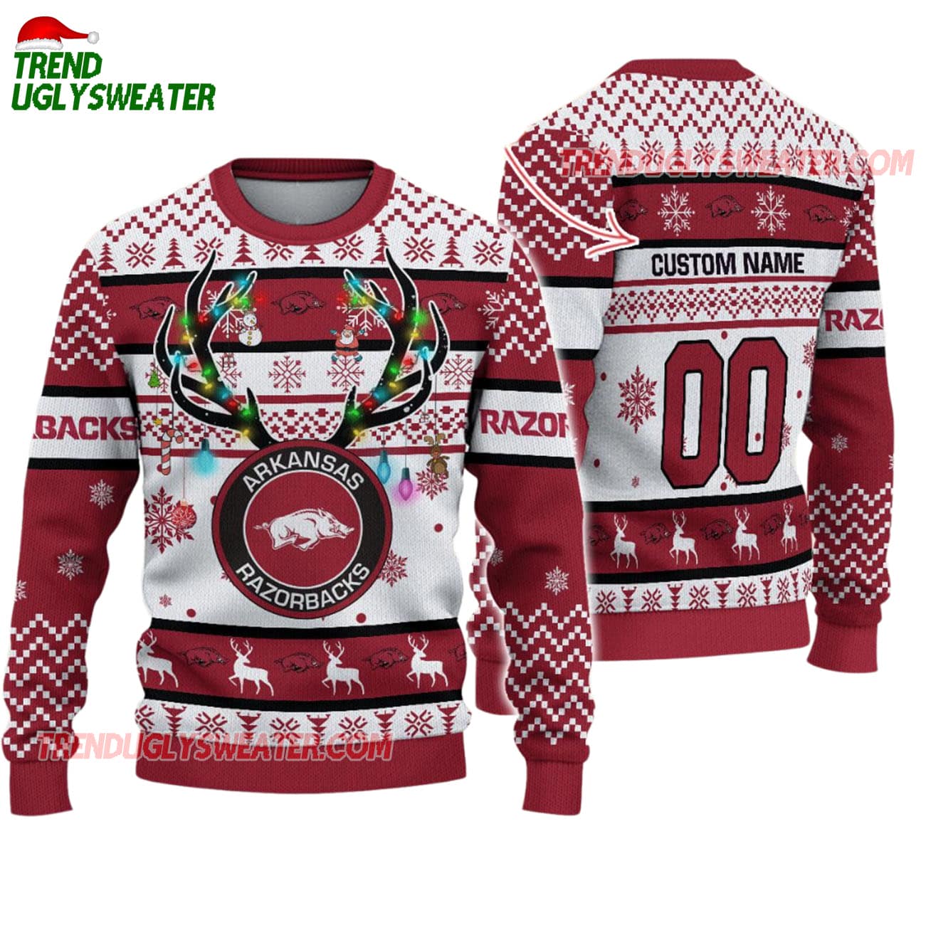 Custom Arkansas Razorbacks Special Reindeer Light Ugly Christmas Sweater Custom Arkansas Razorbacks Special Reindeer Light Ugly Christmas Sweater